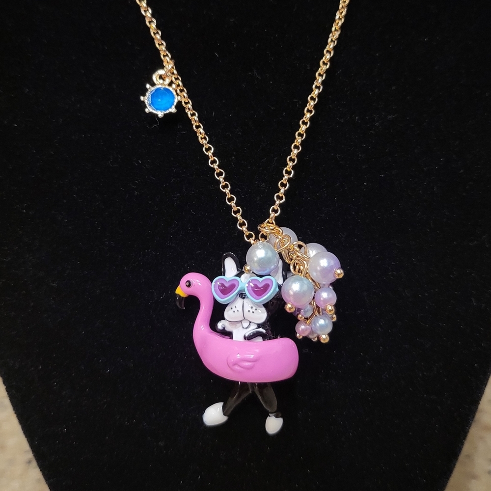 NWT Betsey Johnson Dog with Flamingo Float and Heart Glasses